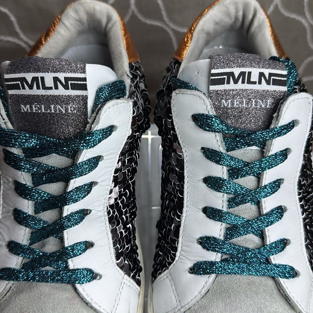 (E4) Meline Italy silver sequined leather sneakers, size 7 women. - Picture 10 of 13